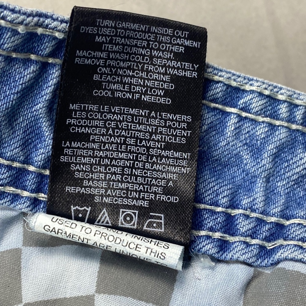 A-Lab Womens Y2K Denim Shorts Size 38 Blue Raw Hem Rave Skater Graphic Patch - Picture 8 of 14